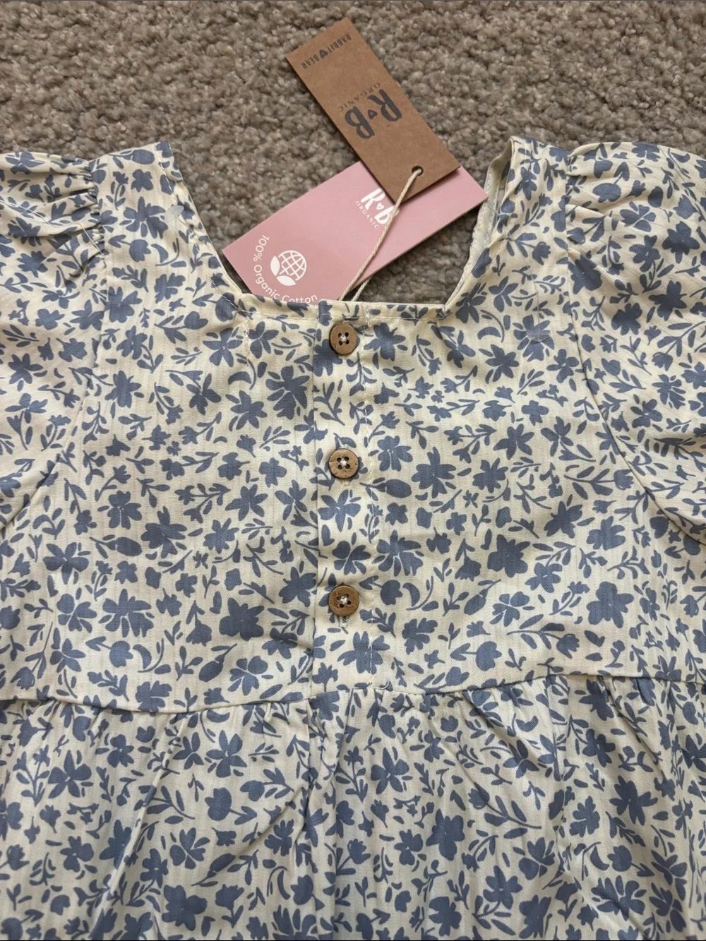 Rabbit + Bear Cream Dress with Blue Floral Print and Puff Sleeves girls 6T